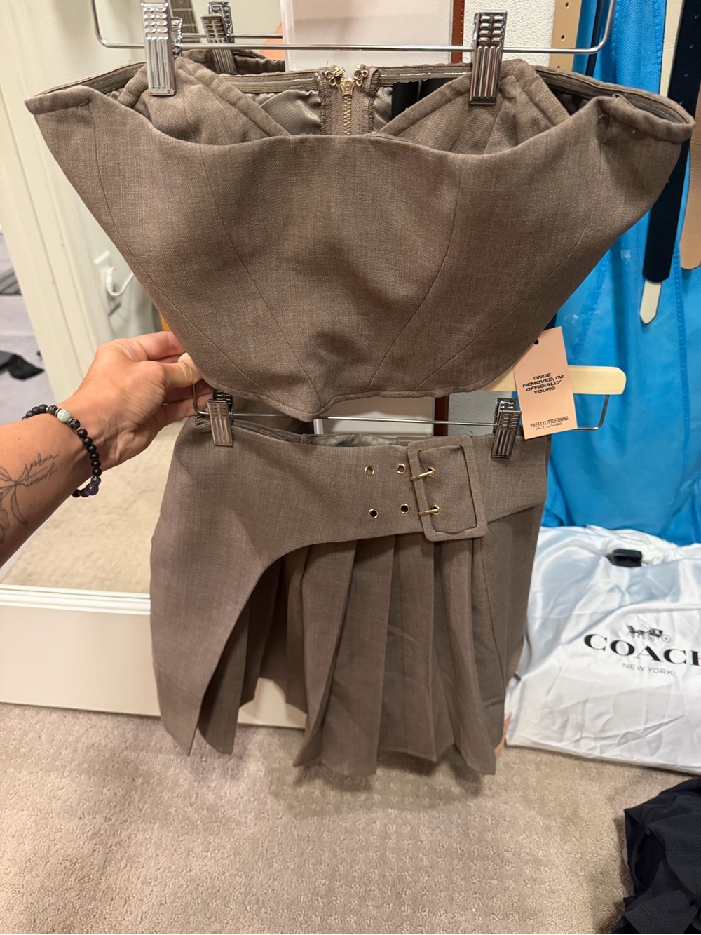PrettyLittleThing Taupe Pleated Mini Skirt with Buckle Waist